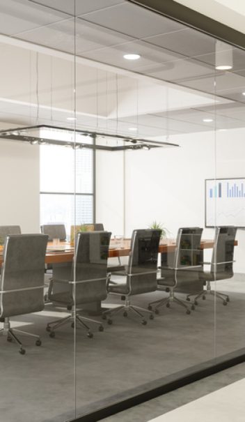 Outside View Of Empty Meeting Room With Table And Office Chairs Outside View Of Empty Meeting Room With Table And Office Chairs