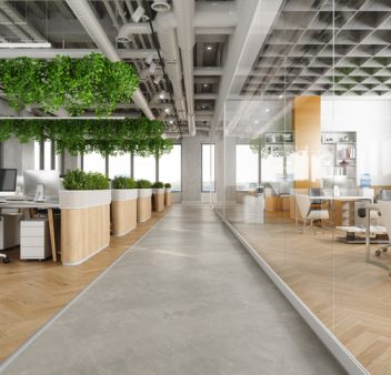 Modern Open Plan Office Space With Tables, Office Chairs, Creeper Plants And Manager Room Modern Open Plan Office Space With Tables, Office Chairs, Creeper Plants And Manager Room