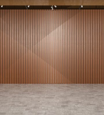 Modern Empty Room with Wooden Slat Wall and Concrete Floor. 3D Render